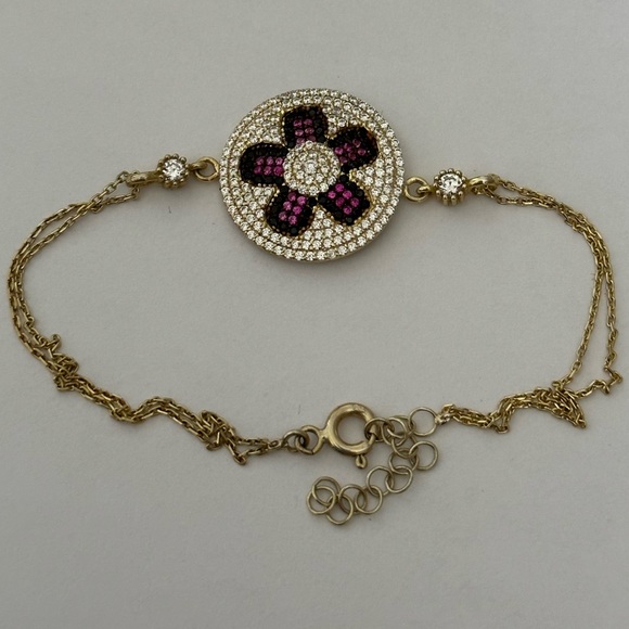 925 Silver flower bracelet pink clear cz stones 18K yellow gold plated